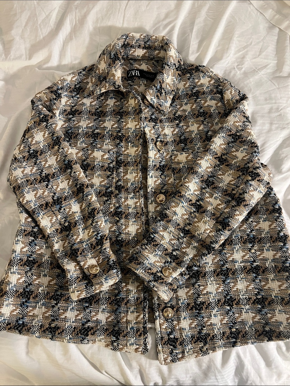 Zara Beige Black White Tweed Plaid Button-Down Shirt Jacket